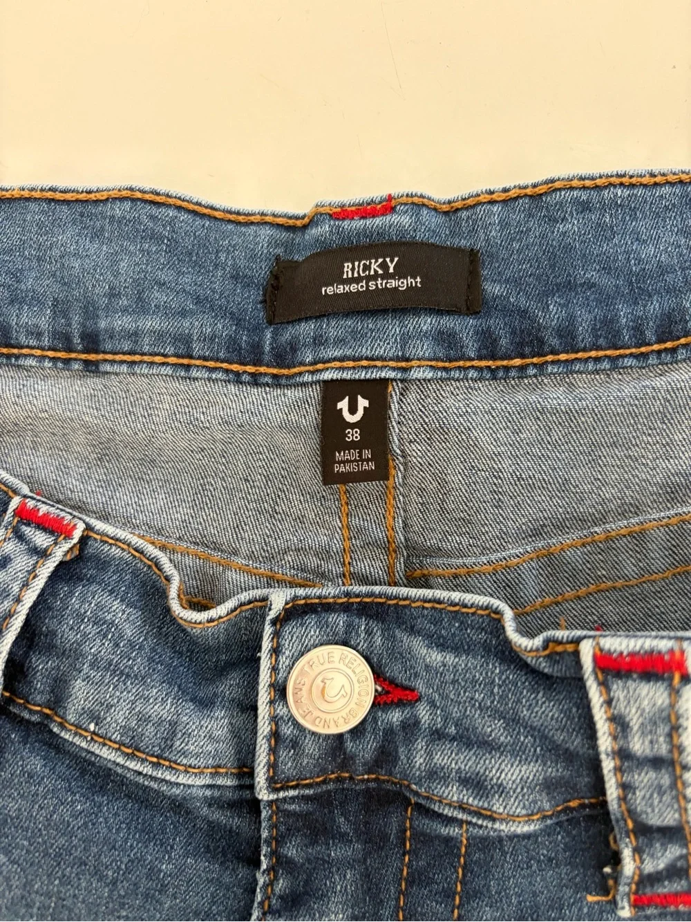 True Religion Ricky SN Flap Relaxed Straight Jeans Blue Red Stitch Y2K Size 38